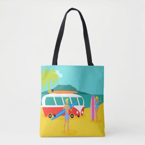Retro Surfer Couple All_Over Printed Tote Bag
