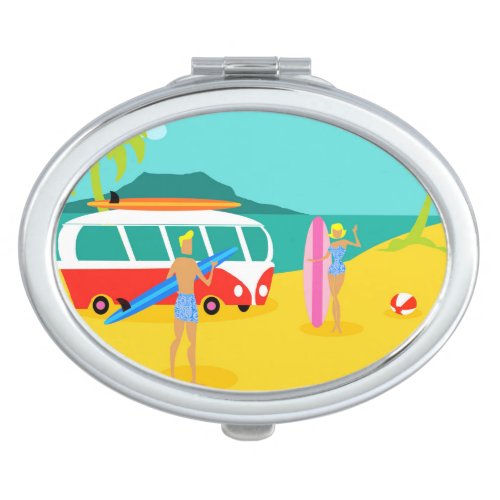 Retro Surfer Couple Compact Mirror