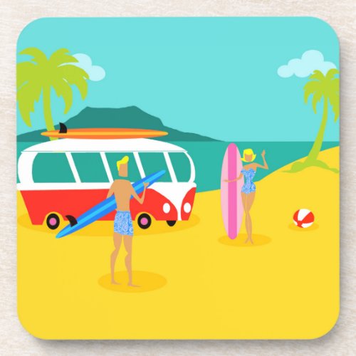 Retro Surfer Couple Hard Plastic Coasters