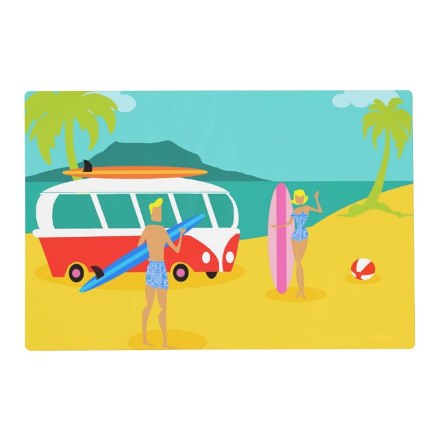 Retro Surfer Couple Laminated Placemat (Front)