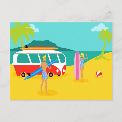 Retro Surfer Couple Postcard