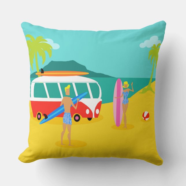 Retro Surfer Couple Throw Pillow (Front)