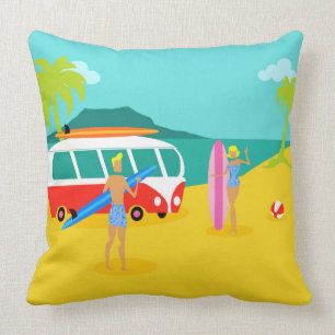 Retro Surfer Couple Throw Pillow