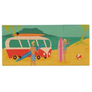 Retro Surfer Couple USB Wooden Flash Drive