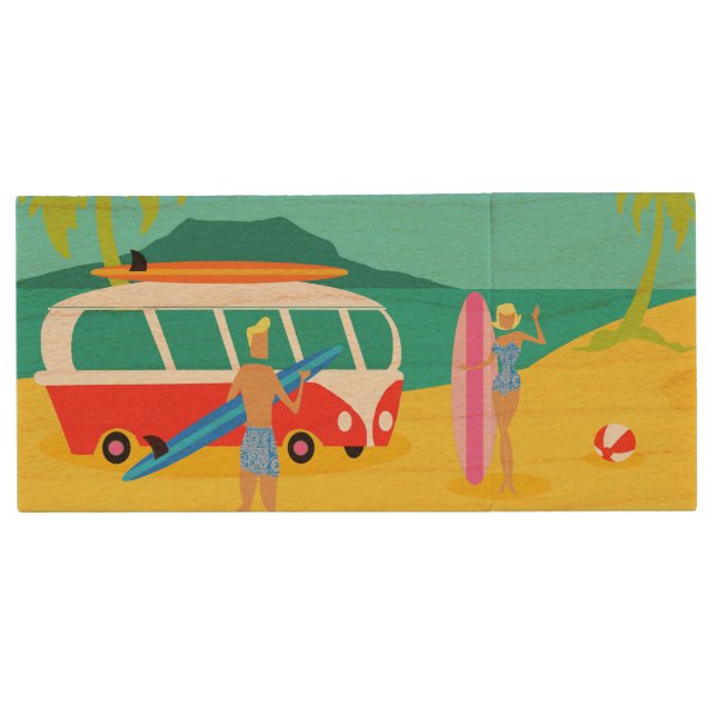 Retro Surfer Couple USB Wooden Flash Drive (Front)