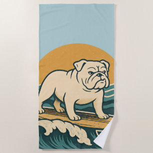 Retro Surfer Dog Blue Coastal Surfing Bulldog Art Beach Towel
