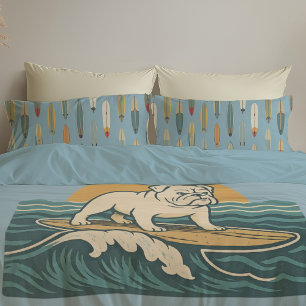 Retro Surfer Dog   Blue Surfing Bulldog Reversible Pillow Case