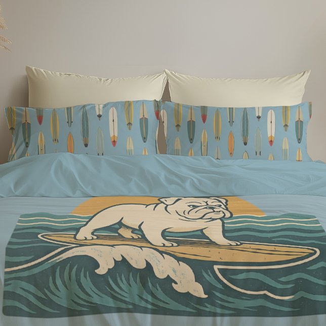 Retro Surfer Dog | Blue Surfing Bulldog Reversible Pillow Case (Creator Uploaded)