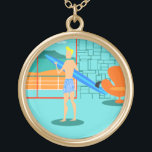Retro Surfer Dude Necklace<br><div class="desc">Every day can be a day at the beach with this Retro Surfer Dude Necklace. The 1960's style, minimalist art design features a sun-kissed, blond, surfer dude all ready to catch a wave. Our fit surfer is gazing out on the ocean through the sliding glass doors of his beachfront home....</div>
