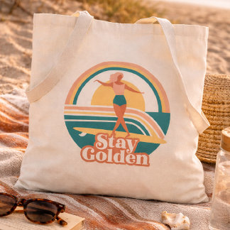 Retro Surfer Girl Stay Golden Coastal Tote Bag