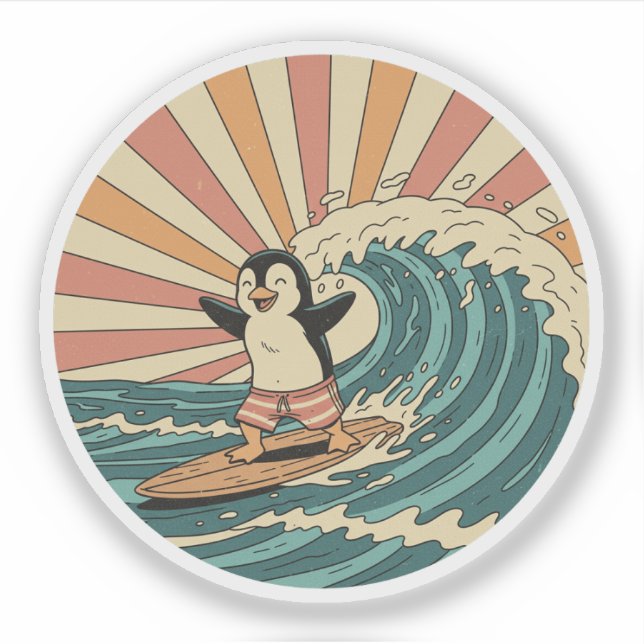 Retro Surfer Penguin - Vintage Summer Beach Vibe Sticker (Front)