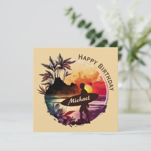 Retro Surfer Sunset Beach Birthday Card