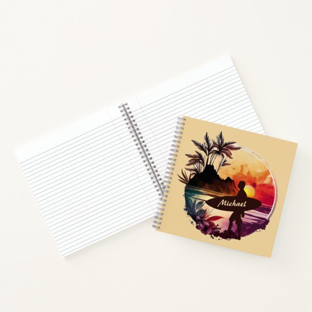 Retro Surfer Sunset Beach Spiral Notebook (Inside)