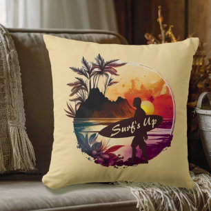 Retro Surfer Sunset Beach Throw Pillow