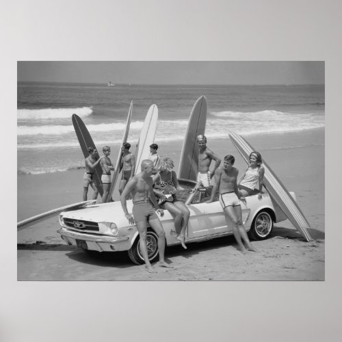 Retro Surfers Black and White Beach Vintage  Poster