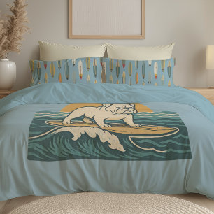 Retro Surfing Dog -Reversible Surfboard Print Blue Duvet Cover