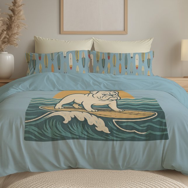 Retro Surfing Dog -Reversible Surfboard Print Blue Duvet Cover (Creator Uploaded)