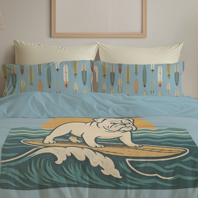 Retro Surfing Dog -Reversible Surfboard Print Blue Pillow Case (Creator Uploaded)