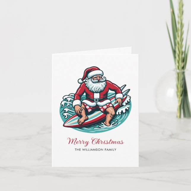 Retro Surfing Santa Tropical Vibes Holiday Card (Front)