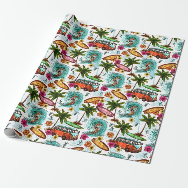 Retro Surfing Wrapping Paper (Unrolled)