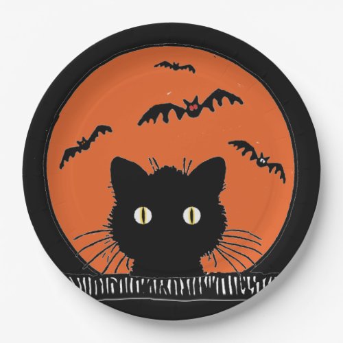 Retro Surprised Black Cat Halloween 9Paper Plate
