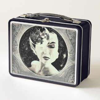 Retro Surreal Art Deco Moon Lady Metal Lunch Box