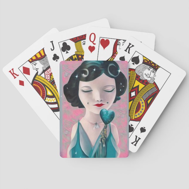 Retro Surreal Art Deco Teal Heart Lady Poker Cards (Back)