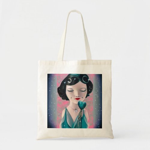 Retro Surreal Art Deco Teal Heart Lady Tote Bag