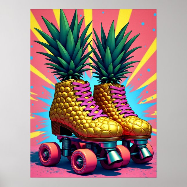 Retro Surreal Pineapple Roller Skates Pop Art Poster (Front)