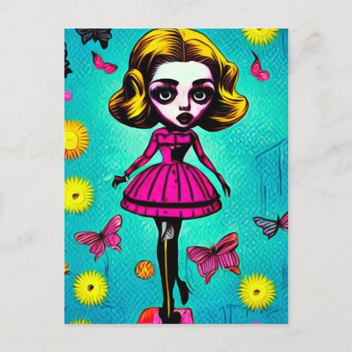 Retro Surreal Pop Art Blond Doll Postcard