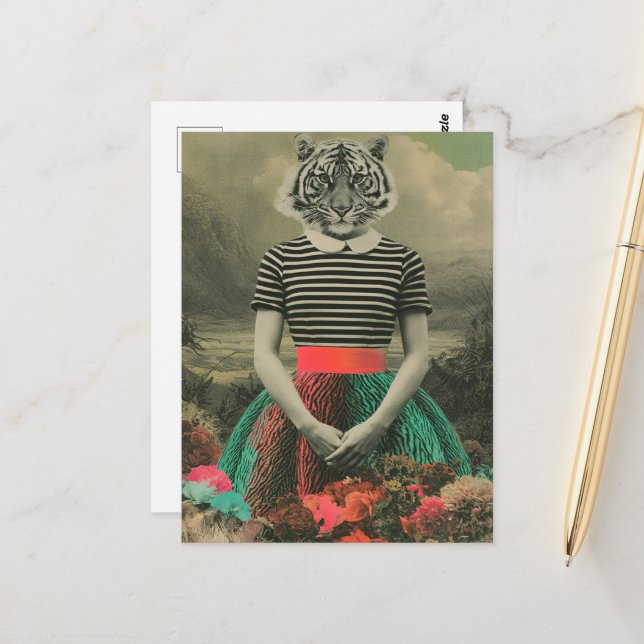 Retro Surreal Tiger in a Dress Fantasy Fashion Postcard (Front/Back In Situ)