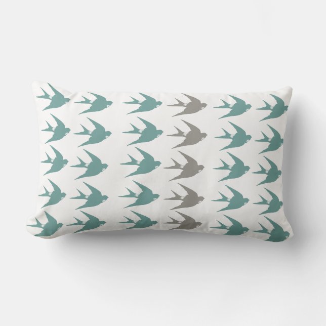 Retro Swallow Bird Pattern in Blue, Grey & White Lumbar Pillow (Front)