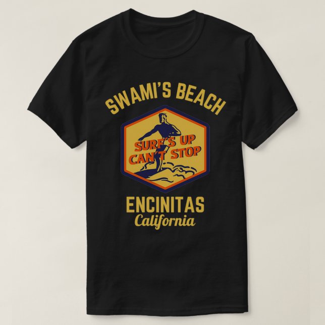 Retro Swamis Beach Encinitas California Gold Text  T-Shirt (Design Front)