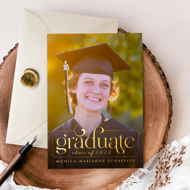 Retro Swash Gold Foil Photo Graduation Foil Invitation | Zazzle