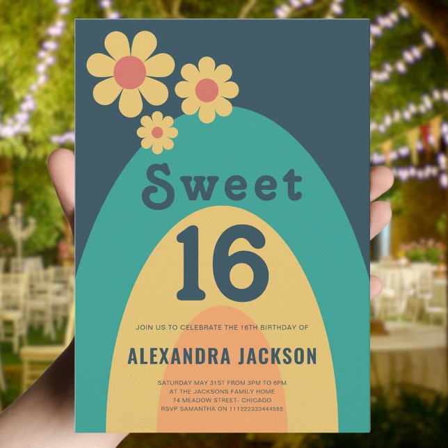 Retro Sweet 16 Birthday Party Invitation (Retro 70s vintage daisy arch groovy 16th birthday party invitation )