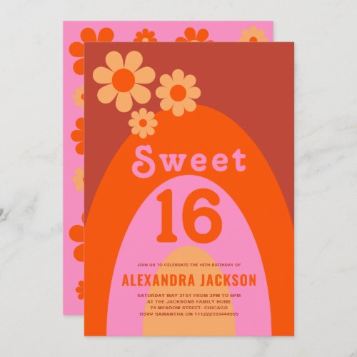 Retro Sweet 16 Birthday Party Orange Pink Invitation