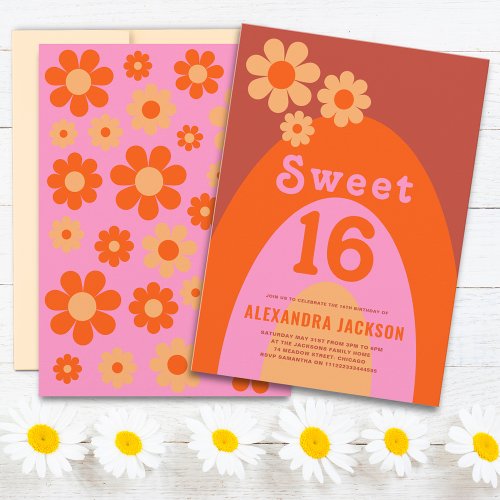 Retro Sweet 16 Birthday Party Orange Pink Invitation