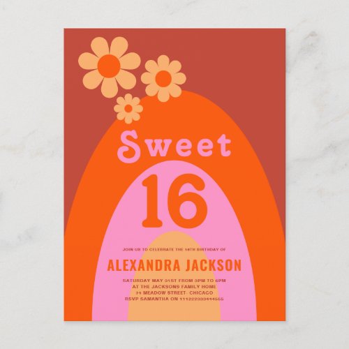 Retro Sweet 16 Birthday Party Orange Pink Invitation Postcard