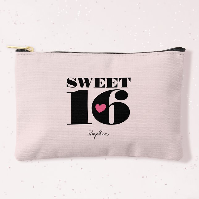 Retro Sweet 16 Birthday Personalized Name Pink Accessory Pouch (Creator Uploaded)