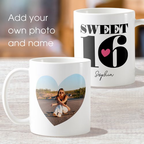 Retro Sweet 16 Birthday Teen Name Photo Heart Coffee Mug