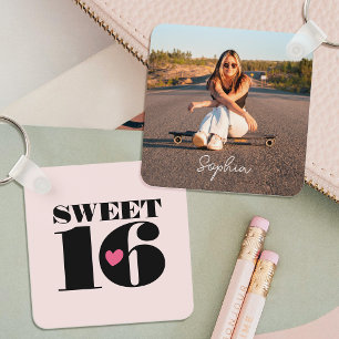 Retro Sweet 16 Birthday Teen Name Photo Pink Keychain