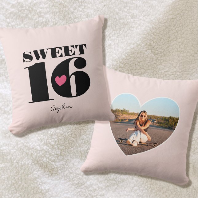 Retro Sweet 16 Birthday Teen Name Photo Pink Throw Pillow (Creator Uploaded)