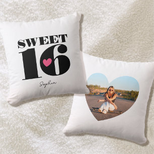 Retro Sweet 16 Birthday Teen Name Photo White Throw Pillow