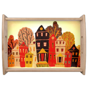 Retro Sweet Home Poster: Cartoon Houses Serving Tray
