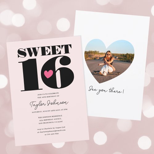 Retro Sweet Sixteen Birthday Party Photo Pink Invitation