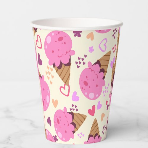 Retro Sweet Strawberry Ice Cream and Pink Hearts Paper Cups