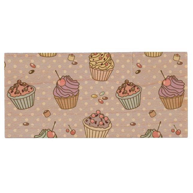 Retro Sweets Pattern Wood Flash Drive (Front)