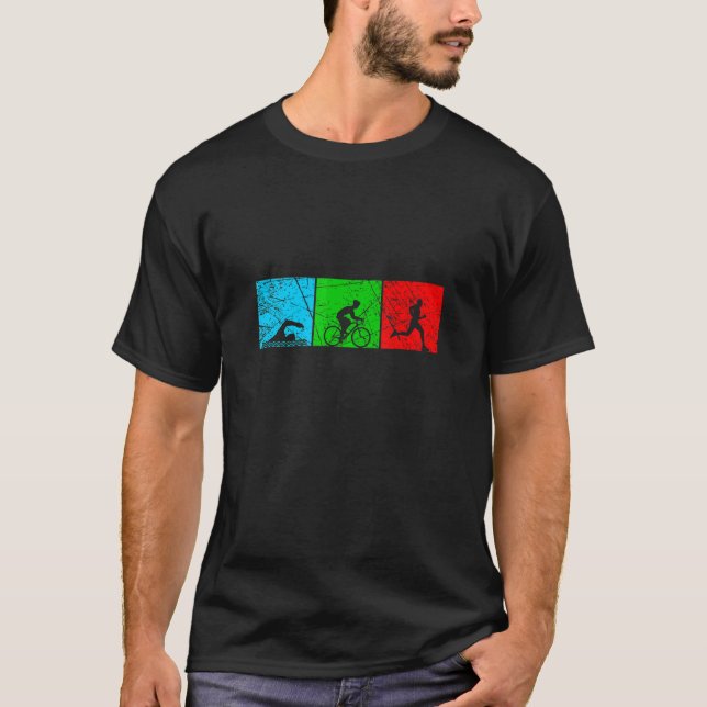 Retro Swim Bike Run Triathlon Athletic Sport Men W T-Shirt (Front)