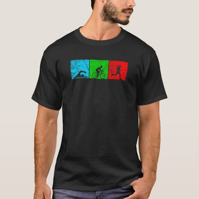 Retro Swim Bike Run Triathlon Athletic Sport Men W T-Shirt (Front)