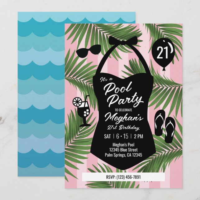 Retro Swimsuit 21st Birthday Pool Invite (Pink) (Front/Back)